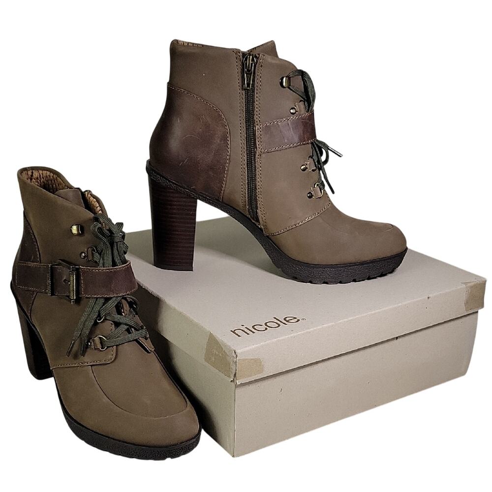 Nicole Sylvie Mint Brown Leather Lace Up Zip Ankle Boots Womens Size 9.5 NEW